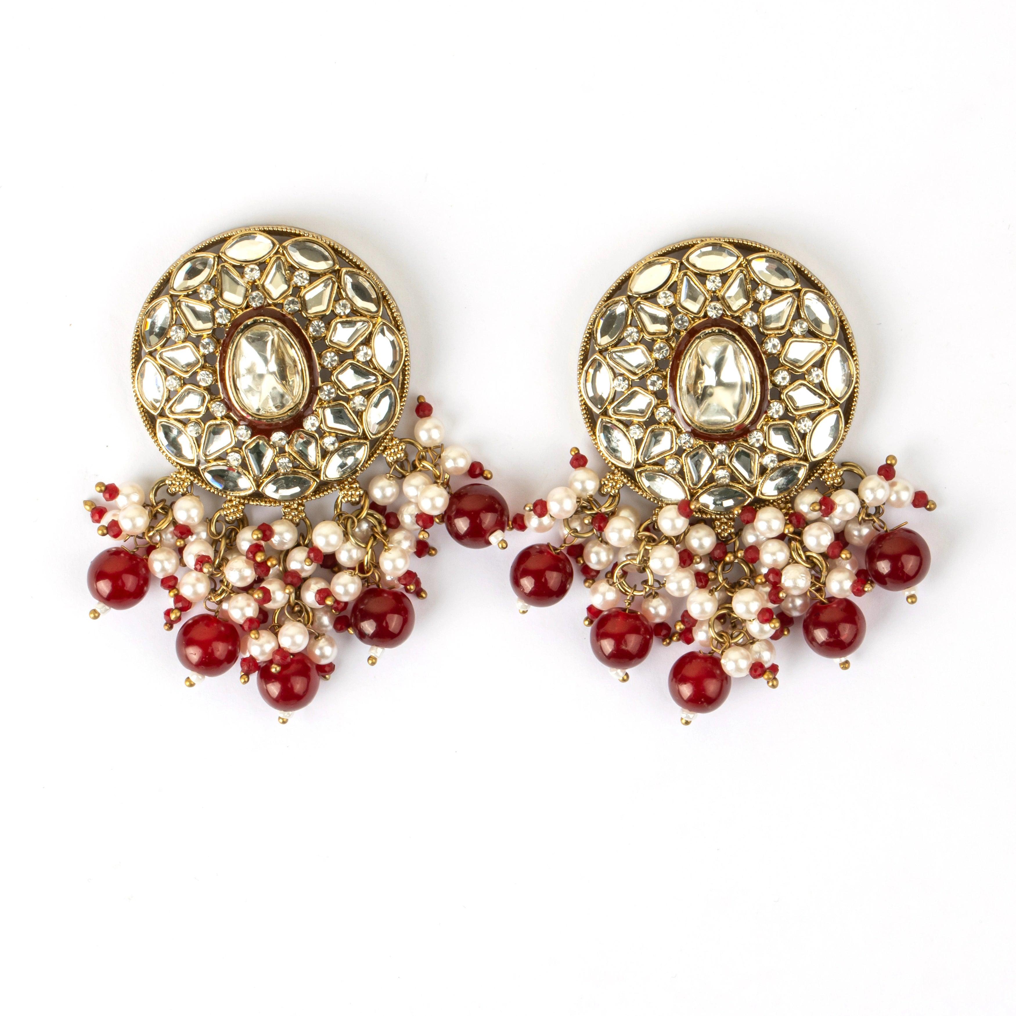 Round Kundan Red Meenakari Jhumka - Rukhmani