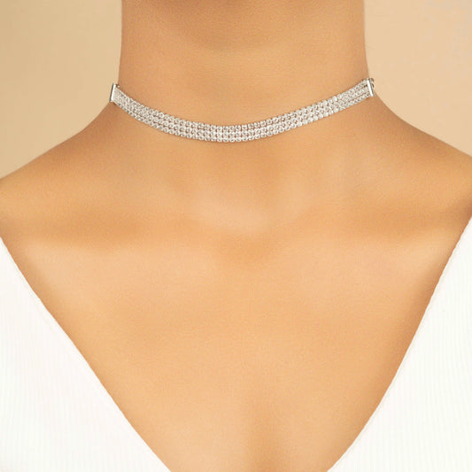 Silver Plated Clean Crystals Multi-Layer Necklace Set With Earrings - Rukhmani