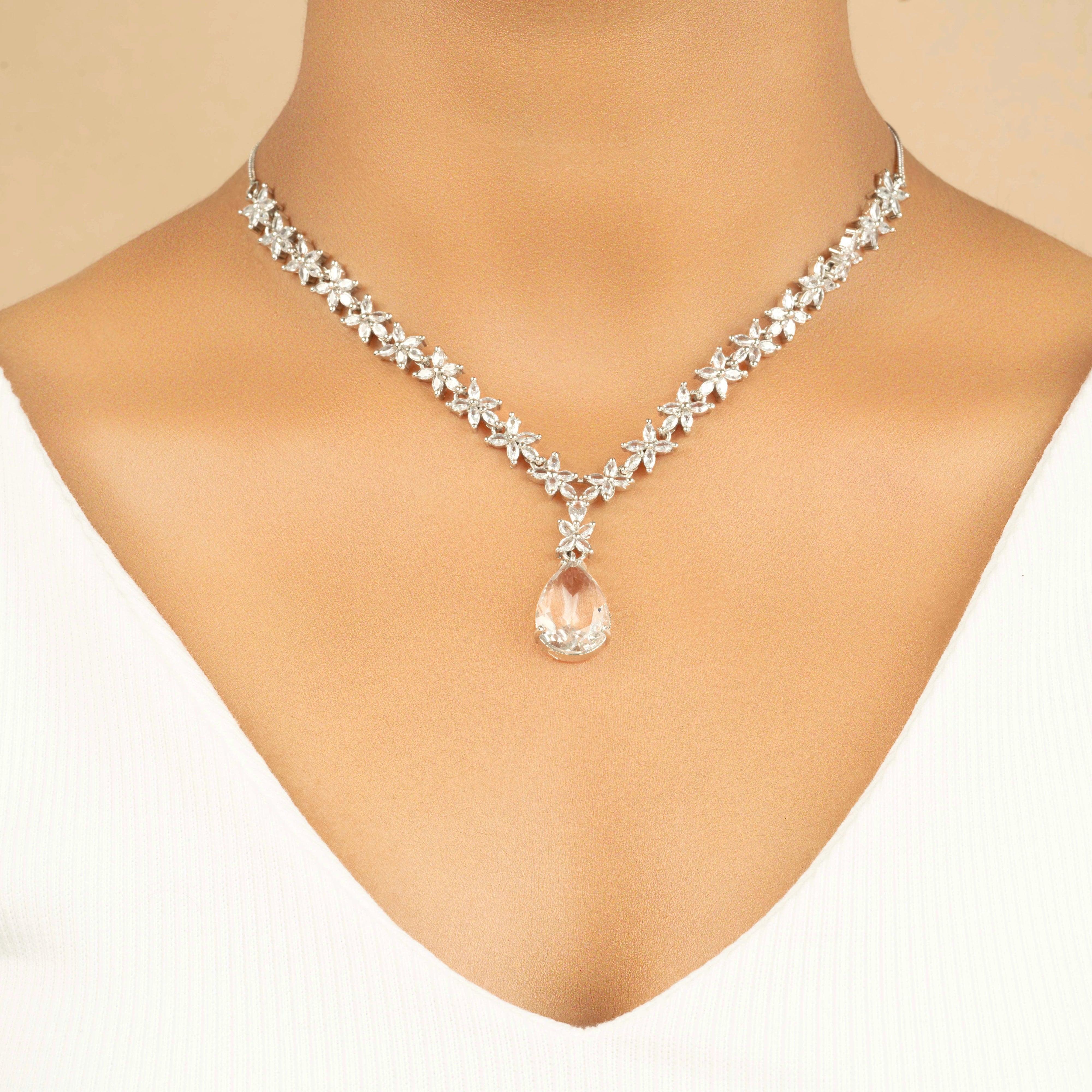 White Drop American Diamond Necklace Set With Earrings - Rukhmani
