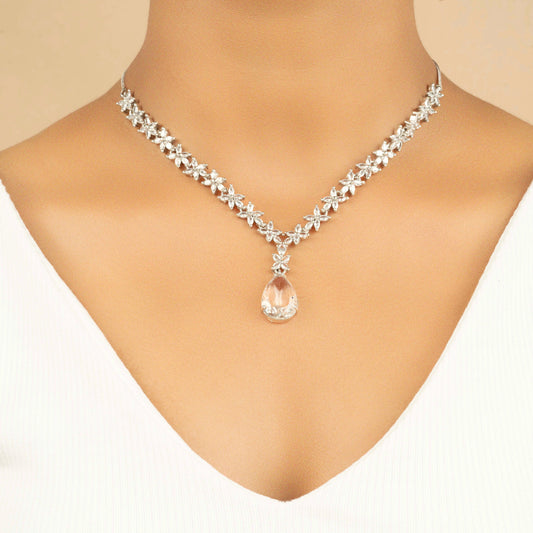White Drop American Diamond Necklace Set With Earrings - Rukhmani