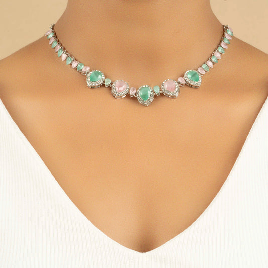 Multi Colored Diamond Crystal Necklace With Earrings - Rukhmani