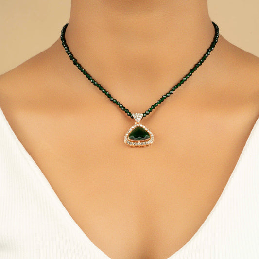 Green Gold Plated American Diamond Mala Necklace Set - Rukhmani