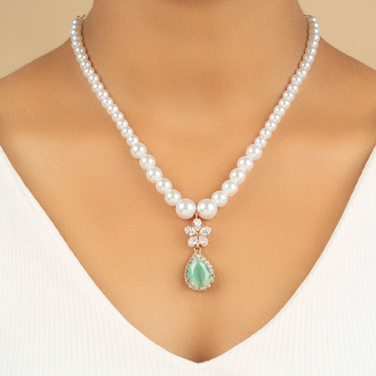 Pearl and Sapphire Wedding Back Necklace with Pearl and Crystal Earrings