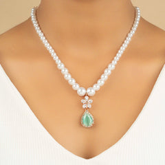 Pearl and Sapphire Wedding Back Necklace with Pearl and Crystal Earrings