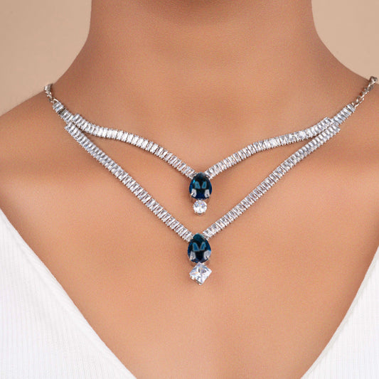 Fancy Double Layer Silver Plated Blue And Clear Diamond Necklace Set With Earrings - Rukhmani