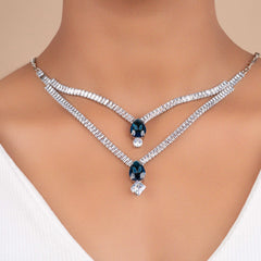 Fancy Double Layer Silver Plated Blue And Clear Diamond Necklace Set With Earrings - Rukhmani