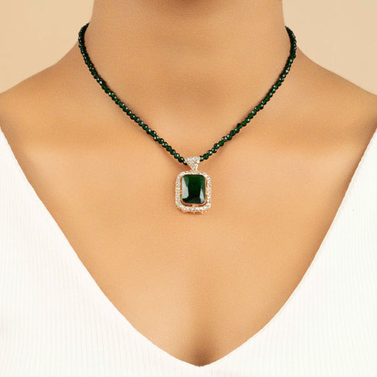 Green Diamond Pendant and Necklace Set with Earrings - Rukhmani