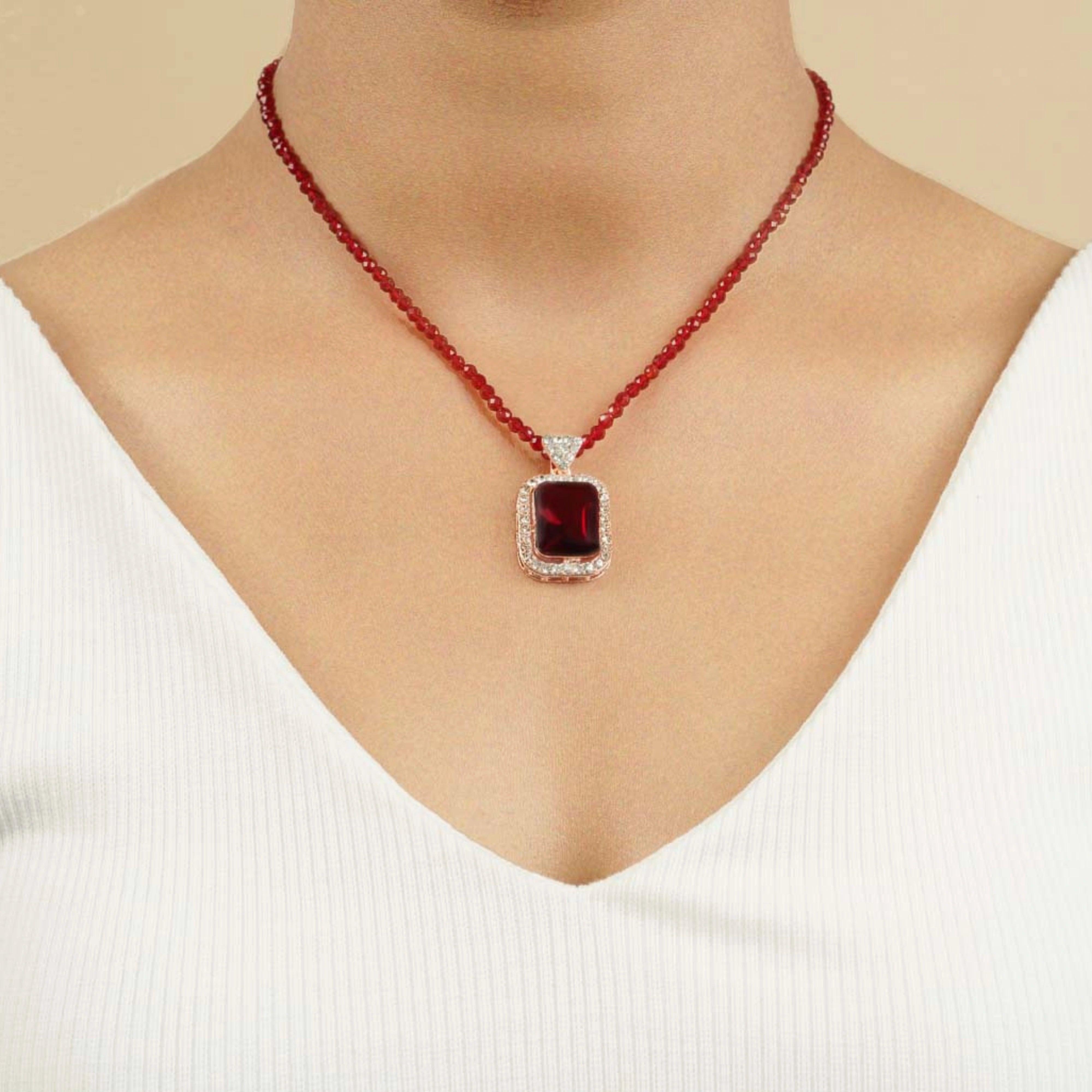 Maroon Diamond Pendant and Necklace Set with Earrings - Rukhmani
