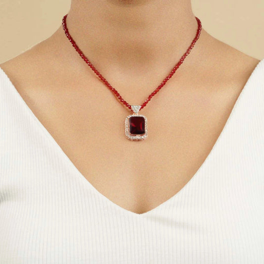 Maroon Diamond Pendant and Necklace Set with Earrings - Rukhmani