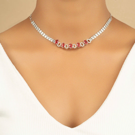 Fancy Red Diamond Gold Necklace Set with Earrings - Rukhmani