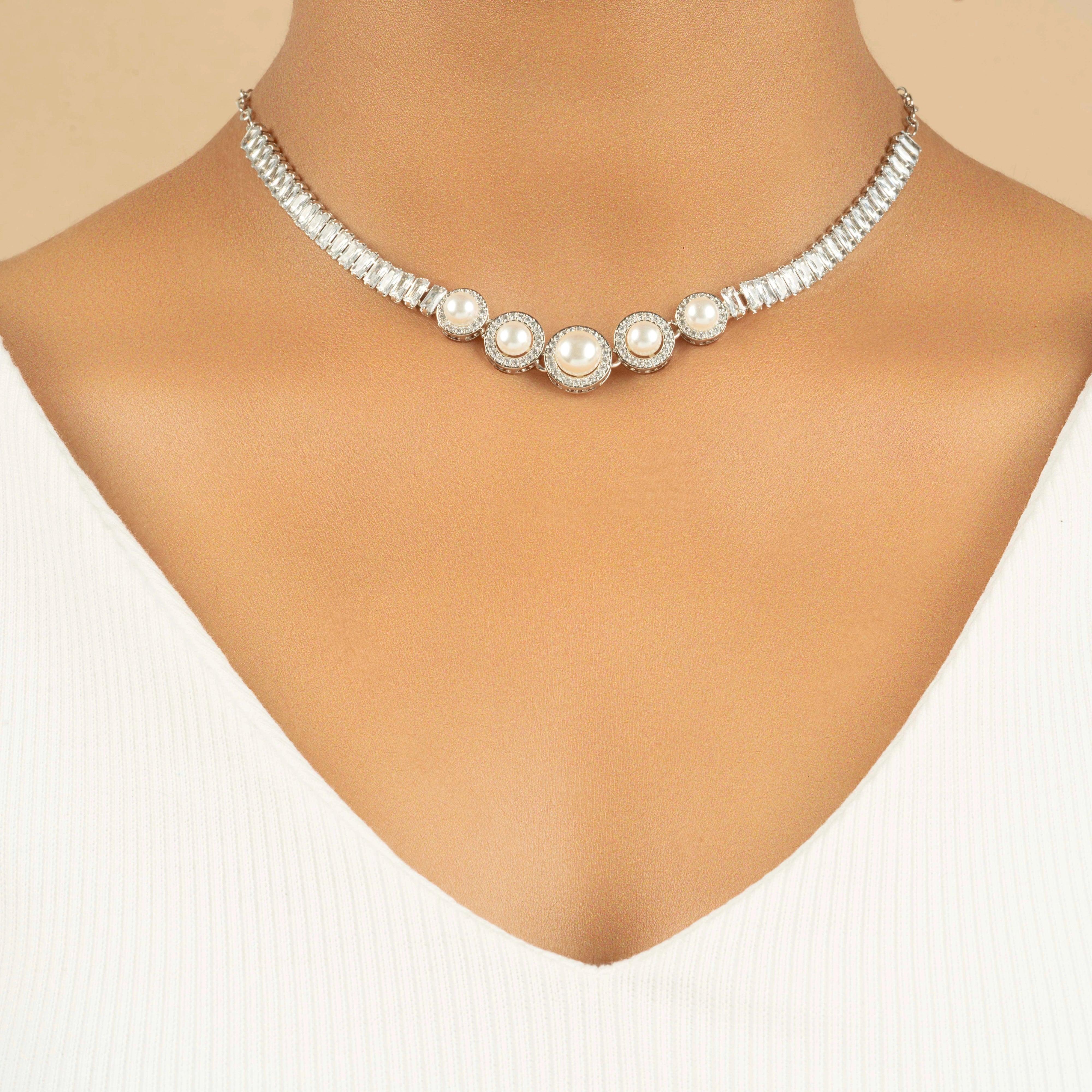Pearl Statement Diamond Necklace with Earrings - Rukhmani