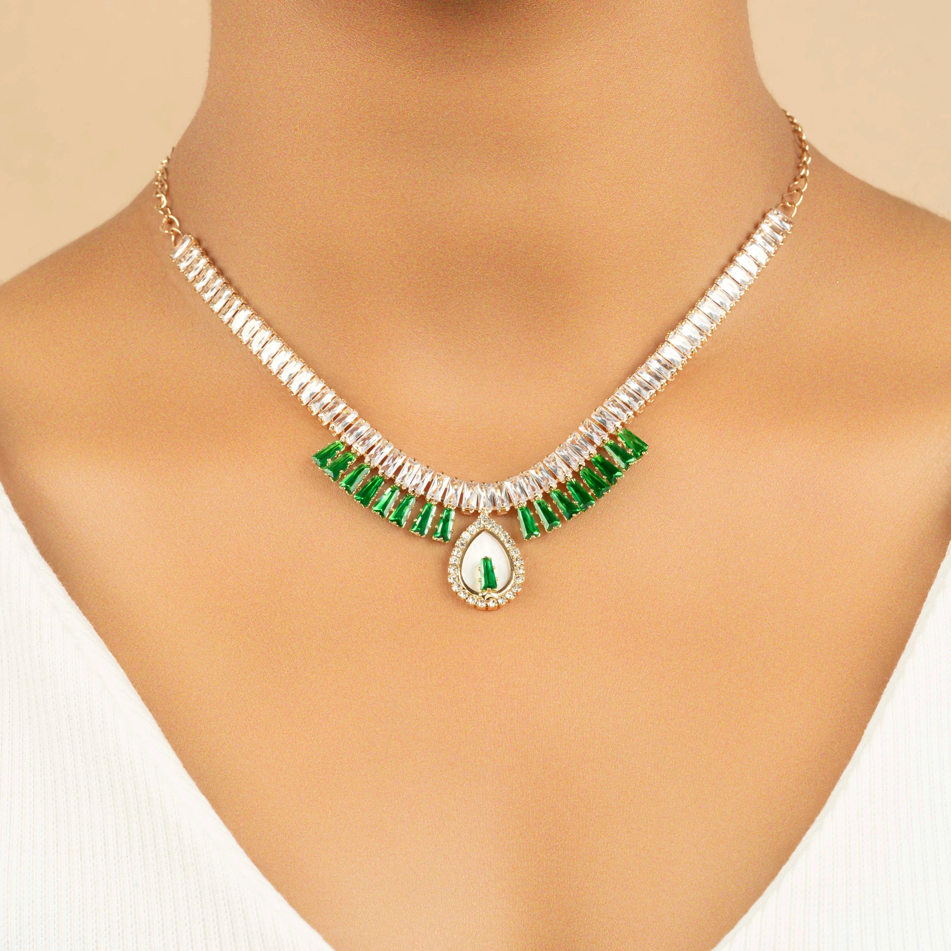 Green Emerald and White Bridal Crystal Necklace with Earrings - Rukhmani