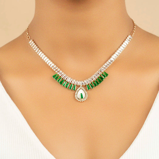 Green Emerald and White Bridal Crystal Necklace with Earrings - Rukhmani