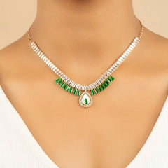 Green Emerald and White Bridal Crystal Necklace with Earrings - Rukhmani