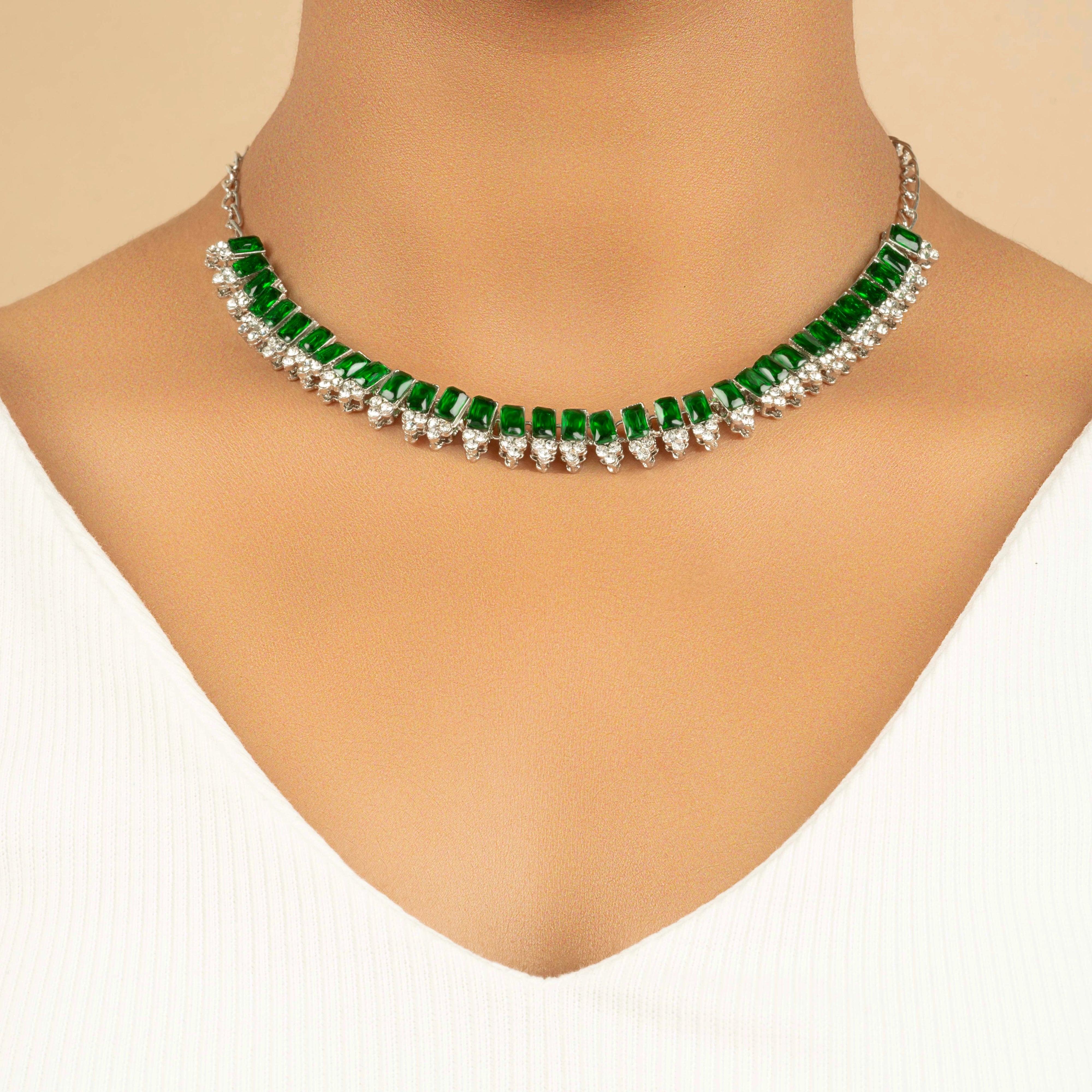 Green and Silver American Diamond Necklace Set with Earrings - Rukhmani