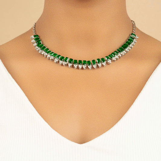 Green and Silver American Diamond Necklace Set with Earrings - Rukhmani