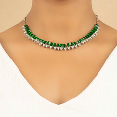 Green and Silver American Diamond Necklace Set with Earrings - Rukhmani