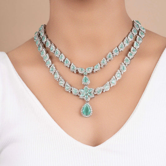 Silver Plated American Diamond Fancy Design Bridal Necklace Set with Earrings and Bindi - Rukhmani