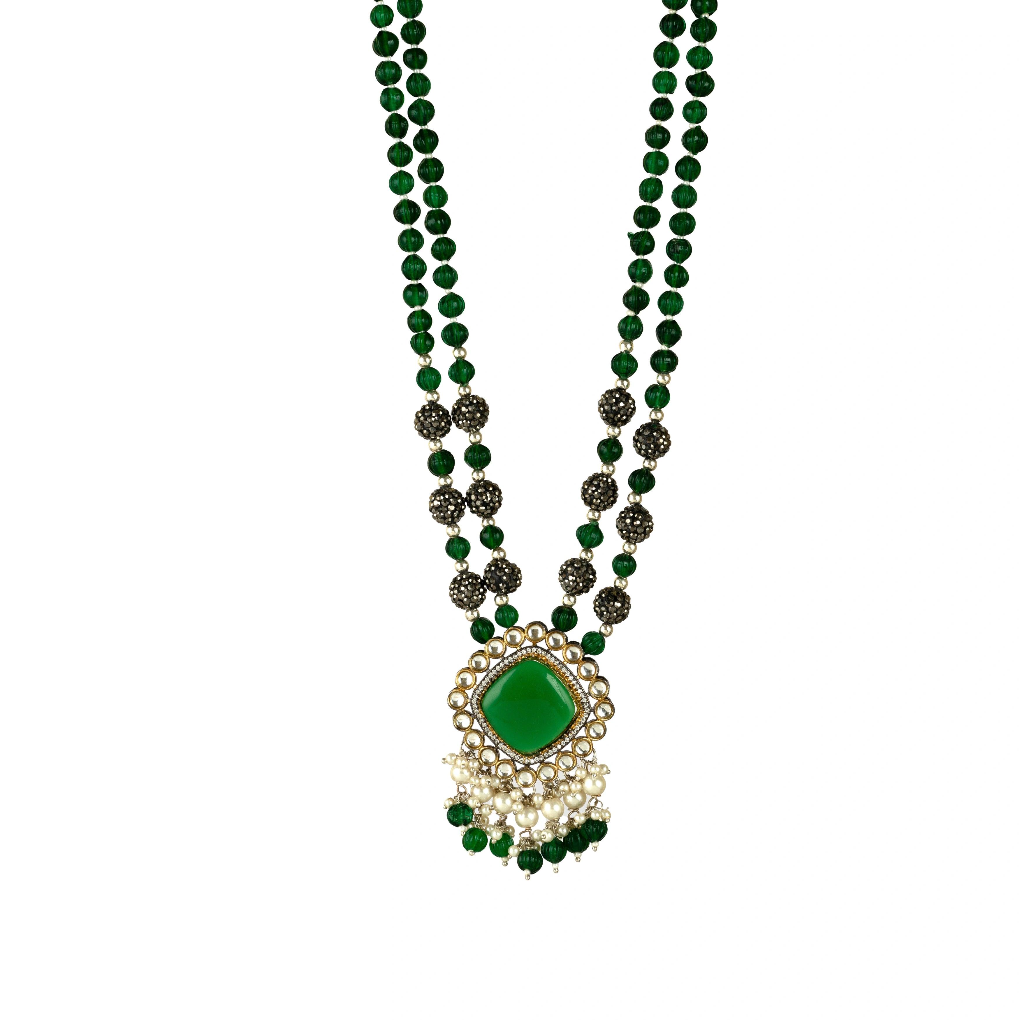 Rajwadi Majestic Green Kundan Necklace with Earrings - Rukhmani
