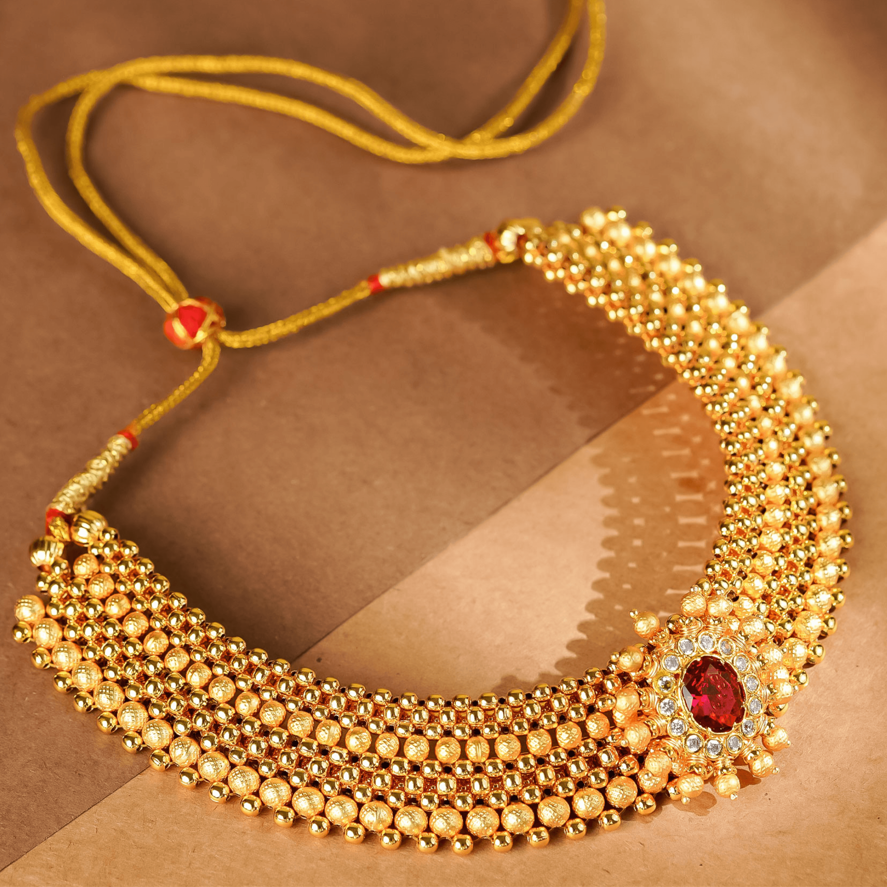 Rukhmani's Gold Plated Maharashtrian Red Stone Thushi - Rukhmani