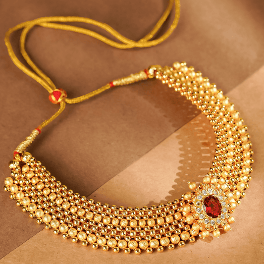 Rukhmani's Gold Plated Maharashtrian Red Stone Thushi - Rukhmani