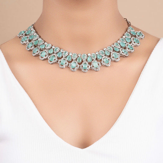 Silver Plated American Diamond Beautiful Design Necklace Set with Earrings and Bindi - Rukhmani