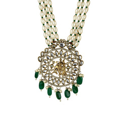 Radha Krishna Green Stone Long Rajwadi Necklace With Earrings - Rukhmani