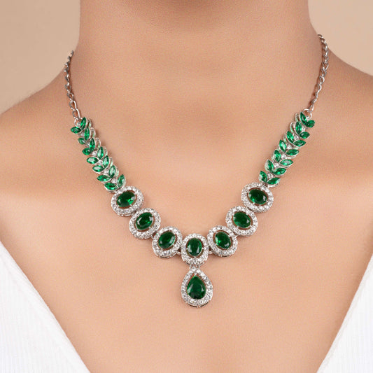 Fancy Silver Plated Green American Diamond Necklace Set With Earrings - Rukhmani