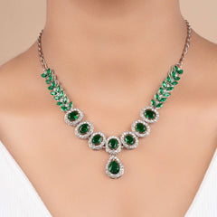 Fancy Silver Plated Green American Diamond Necklace Set With Earrings - Rukhmani