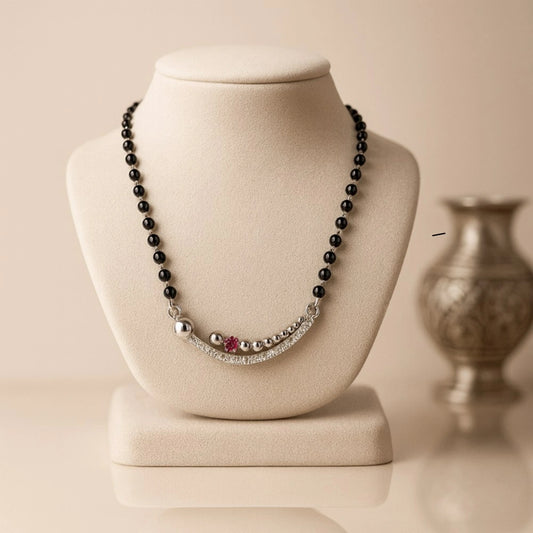 925 Sterling Silver Rhodium Plated Pink & White Cubic Zirconia Modern Curve Mangalsutra for Women