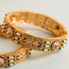 Gold plated green pearl rajwadi bangle kada