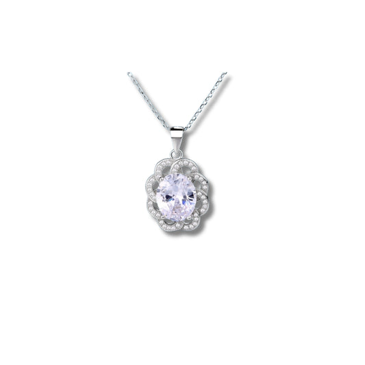 Oval White Stone Pendant with Scallop Design in 925 Sterling Silver