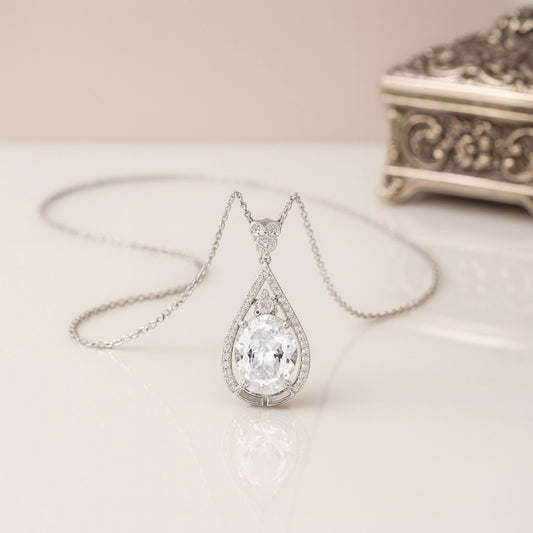 Teardrop Halo Pendant with Clear Gemstone in 925 Sterling Silver
