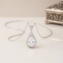 Teardrop Halo Pendant with Clear Gemstone in 925 Sterling Silver