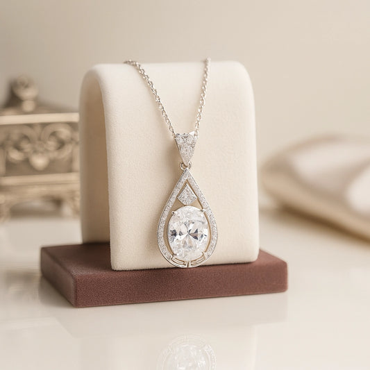 Teardrop Halo Pendant with Clear Gemstone in 925 Sterling Silver