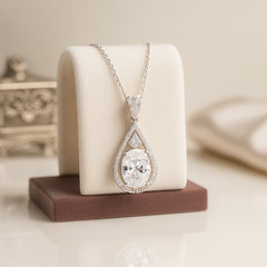 Teardrop Halo Pendant with Clear Gemstone in 925 Sterling Silver
